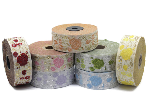 35 mm Green / White Floral Jacquard trim (1.37 inches), vintage Ribbon, Decorative Craft Ribbon, Floral Jacquard Ribbon Trim, 35089