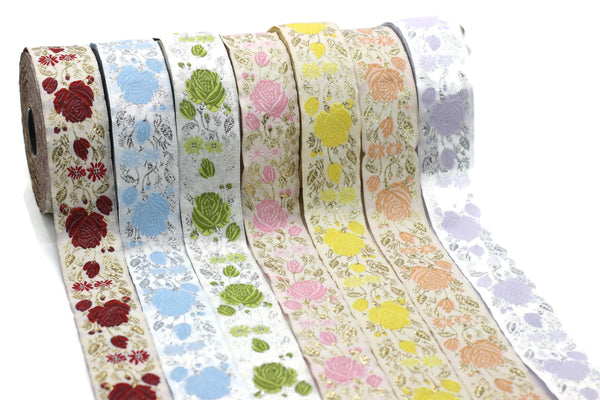 35 mm Floral Jacquard trim (1.37 inches), Rose emboried Ribbon, Decorative Craft Ribbon, Jacquard Ribbon Trim, 35089