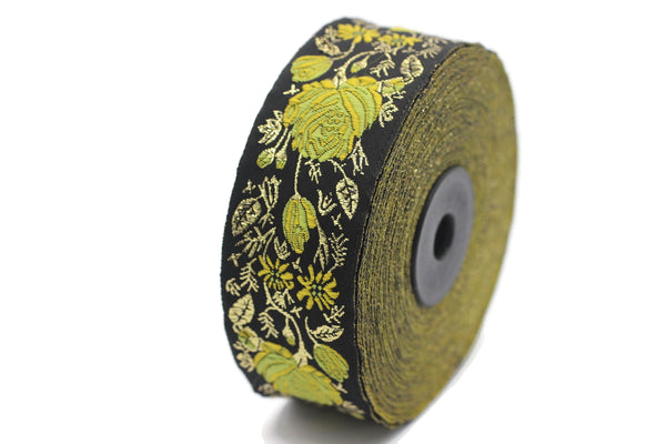 35 mm Yellow / Black Floral Jacquard trim (1.37 inches), Rose emboried Ribbon, Decorative Craft Ribbon, Jacquard Ribbon Trim, 35089