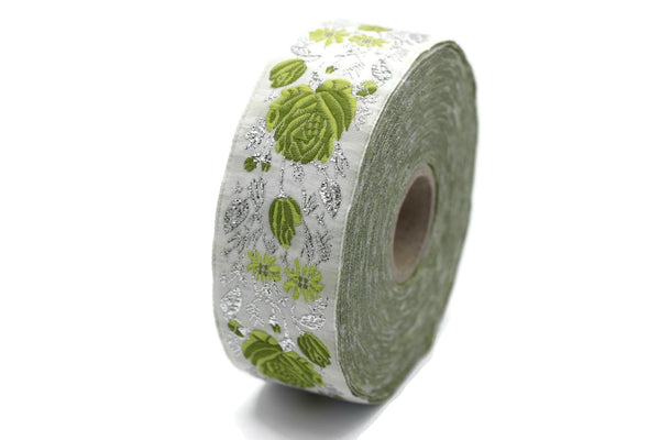 35 mm Green / White Floral Jacquard trim (1.37 inches), vintage Ribbon, Decorative Craft Ribbon, Floral Jacquard Ribbon Trim, 35089