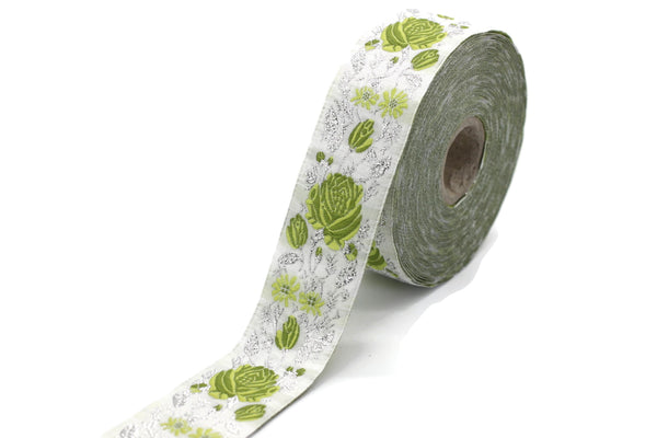35 mm Green / White Floral Jacquard trim (1.37 inches), vintage Ribbon, Decorative Craft Ribbon, Floral Jacquard Ribbon Trim, 35089