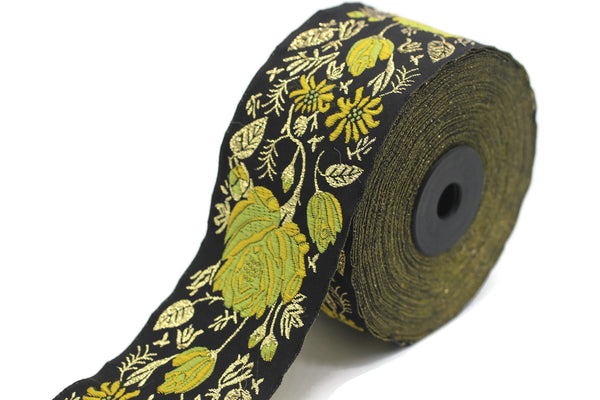 50 mm Yellow / Black Floral Jacquard trim (1.96 inches) rose embroried Ribbon, Decorative Craft Ribbon, Jacquard Ribbon Trim, 50089