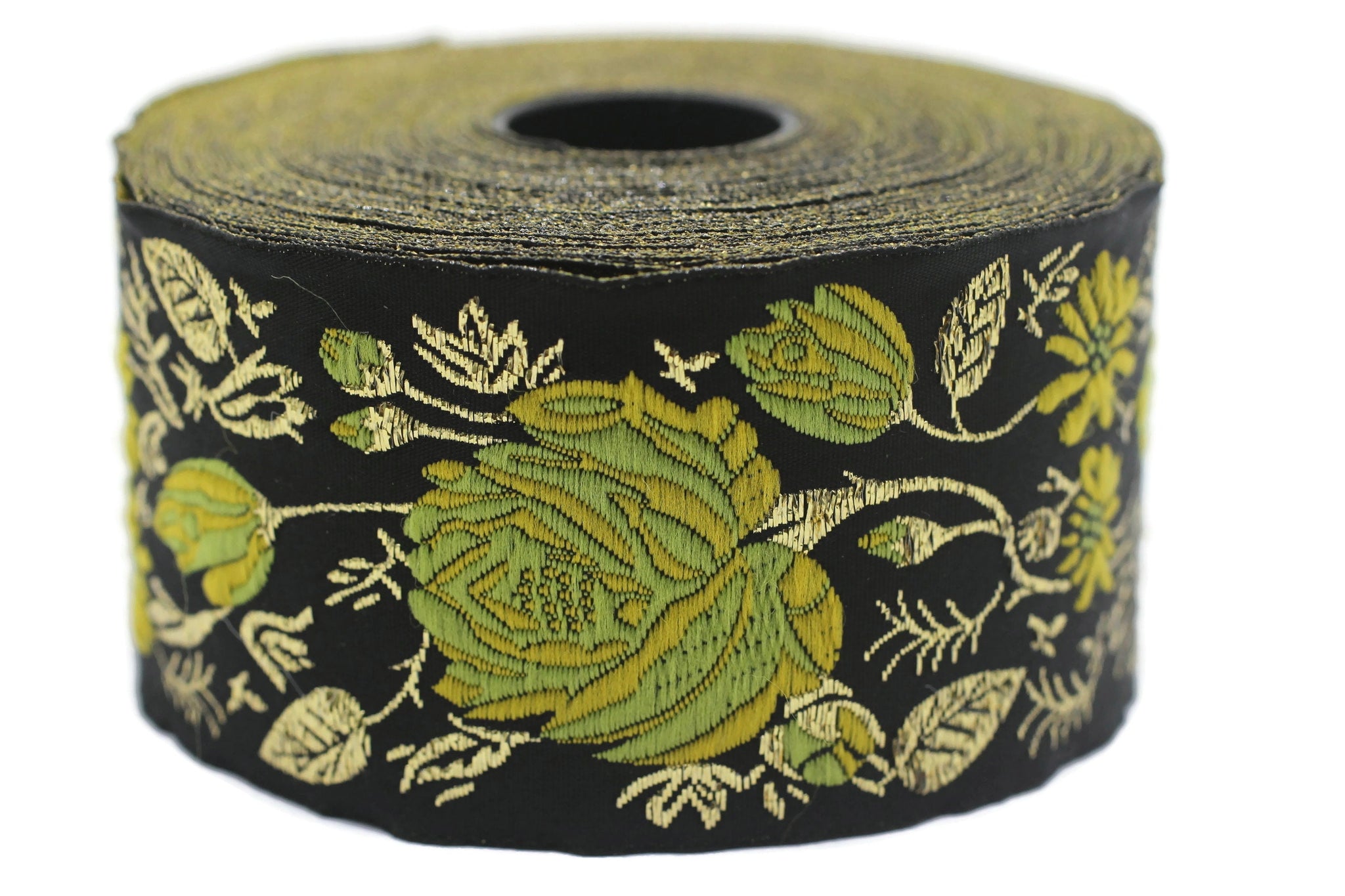 50 mm Yellow / Black Floral Jacquard trim (1.96 inches) rose embroried Ribbon, Decorative Craft Ribbon, Jacquard Ribbon Trim, 50089