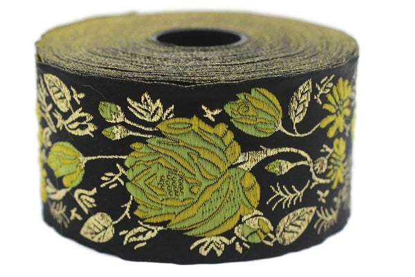 50 mm Yellow / Black Floral Jacquard trim (1.96 inches) rose embroried Ribbon, Decorative Craft Ribbon, Jacquard Ribbon Trim, 50089