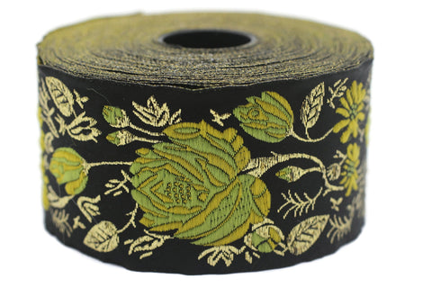 50 mm Yellow / Black Floral Jacquard trim (1.96 inches) rose embroried Ribbon, Decorative Craft Ribbon, Jacquard Ribbon Trim, 50089