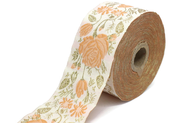 50 mm Orange / White Floral Jacquard trim (1.96 inches), rose embroried Ribbon, Decorative Craft Ribbon, Jacquard Ribbon Trim, 50089