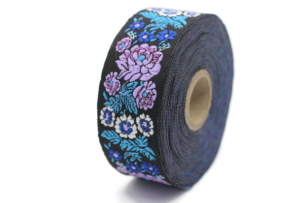35 mm Lilac/Black Floral Embroidered ribbon (1.37 inches, Vintage Jacquard, Floral ribbon, Sewing trim,Jacquard trim, Jacquard ribbon, 35097