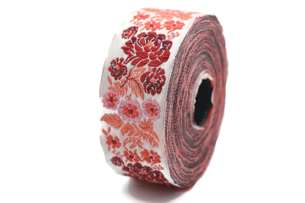 35 mm Red Floral Embroidered ribbon (1.37 inches), Vintage Jacquard, Floral ribbon, Sewing trim, Jacquard trim, Jacquard ribbon, 35097