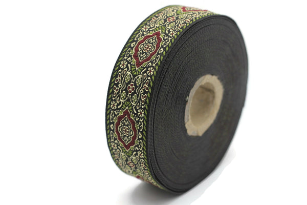 25 mm Light Green Medieval Motive Woven Border (0.98 inches), jacquard ribbon, Embroidered ribbon, Sewing trim, Scroll Jacquard trim, 25589