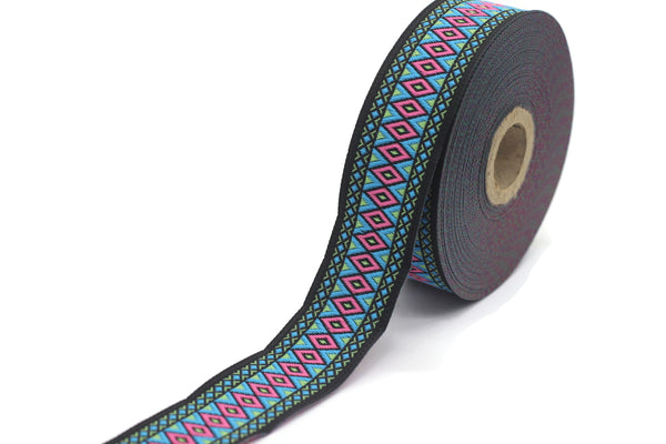 28 mm Pink&Turquoise Diamond Jacquard ribbon (1.10 inches), Diamond ribbon, dog colar ribbons, Sewing, Jacquard ribbon, Trim, Ribbon, 28119