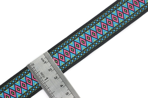 28 mm Pink&Turquoise Diamond Jacquard ribbon (1.10 inches), Diamond ribbon, dog colar ribbons, Sewing, Jacquard ribbon, Trim, Ribbon, 28119