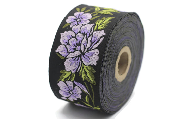 50 mm Lilac / Black Floral Jacquard trim (1.96 inches), vintage Ribbon, Decorative Craft Ribbon, Floral Jacquard Ribbon, Trim, 50096