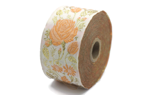 50 mm Orange / White Floral Jacquard trim (1.96 inches), rose embroried Ribbon, Decorative Craft Ribbon, Jacquard Ribbon Trim, 50089