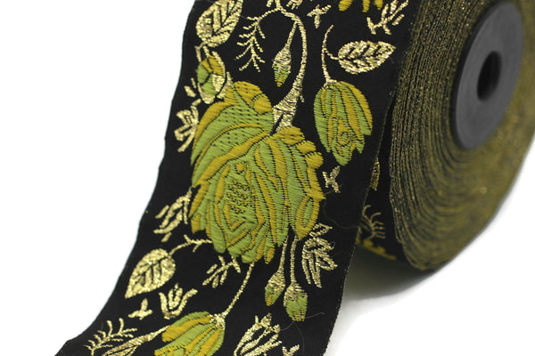 50 mm Yellow / Black Floral Jacquard trim (1.96 inches) rose embroried Ribbon, Decorative Craft Ribbon, Jacquard Ribbon Trim, 50089