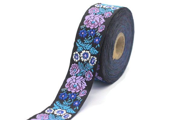 35 mm Lilac/Black Floral Embroidered ribbon (1.37 inches, Vintage Jacquard, Floral ribbon, Sewing trim,Jacquard trim, Jacquard ribbon, 35097