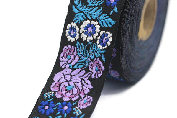 35 mm Lilac/Black Floral Embroidered ribbon (1.37 inches, Vintage Jacquard, Floral ribbon, Sewing trim,Jacquard trim, Jacquard ribbon, 35097