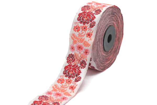 35 mm Red Floral Embroidered ribbon (1.37 inches), Vintage Jacquard, Floral ribbon, Sewing trim, Jacquard trim, Jacquard ribbon, 35097
