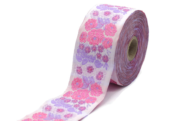 50 mm Pink Floral Embroidered ribbon (1.96 inches, Vintage Jacquard, Floral ribbon, Sewing trim, Jacquard trim, Jacquard ribbon, 50097