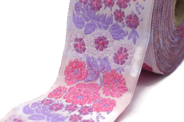 50 mm Pink Floral Embroidered ribbon (1.96 inches, Vintage Jacquard, Floral ribbon, Sewing trim, Jacquard trim, Jacquard ribbon, 50097