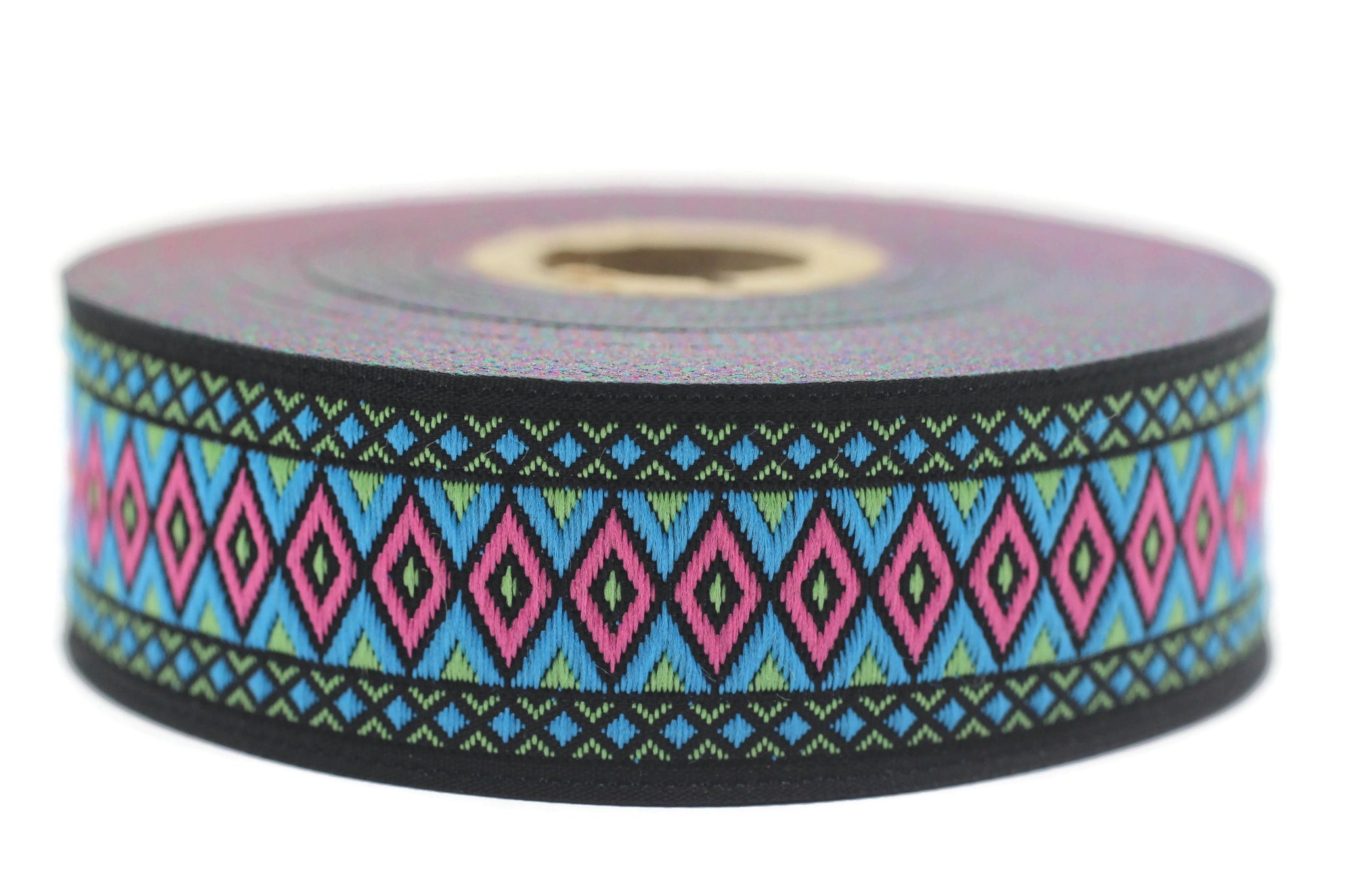 28 mm Pink&Turquoise Diamond Jacquard ribbon (1.10 inches), Diamond ribbon, dog colar ribbons, Sewing, Jacquard ribbon, Trim, Ribbon, 28119