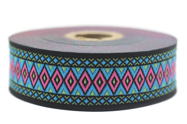 28 mm Pink&Turquoise Diamond Jacquard ribbon (1.10 inches), Diamond ribbon, dog colar ribbons, Sewing, Jacquard ribbon, Trim, Ribbon, 28119