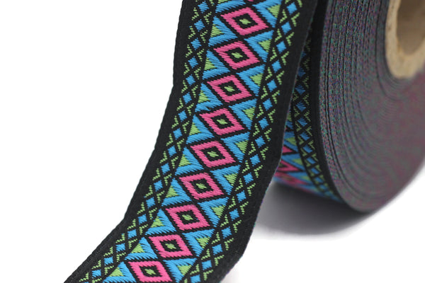 28 mm Pink&Turquoise Diamond Jacquard ribbon (1.10 inches), Diamond ribbon, dog colar ribbons, Sewing, Jacquard ribbon, Trim, Ribbon, 28119