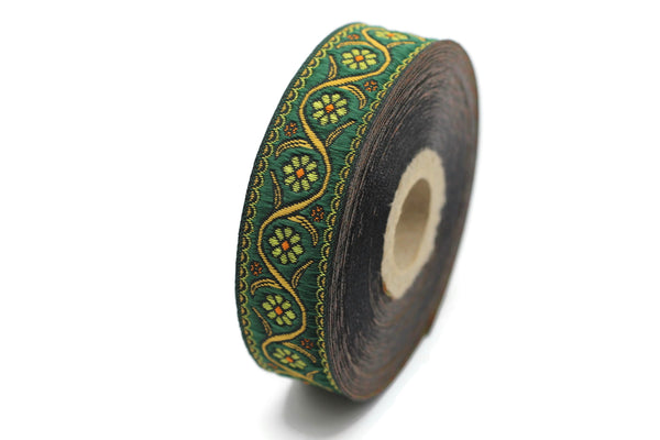 22 mm Green Floral Embroidered ribbon (0.86 inches), Vintage Jacquard, Floral ribbon, Floral trim, woven jacquard, jacquard ribbons, 22938