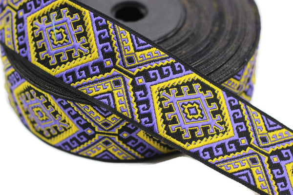25mm Purple/Yellow embroidered ribbon, Jacquard ribbon, Decorative ribbon, Craft Ribbon, Jacquard trim, costume ribbon, sewing trim 25708