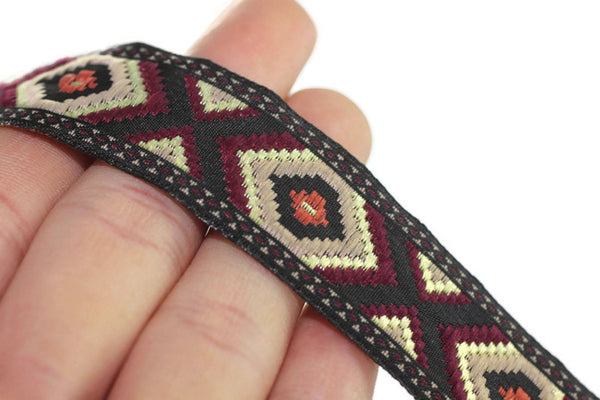 25 mm Brown / Claret red Jacquard trim (0.98 inches), vintage Ribbon,  Decorative Craft Ribbon, Sewing trim, Jacquard ribbon, 25952