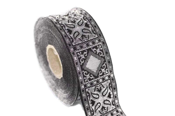 25 mm Grey Geometric Jacquard trim (0.98 inches), vintage Ribbon,  Decorative Craft Ribbon, Sewing, Jacquard ribbon, Trim, 25587