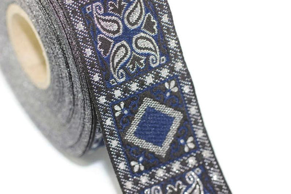 25 mm Blue/Silver Geometric Jacquard trim (0.98 inches), vintage Ribbon,  Decorative Craft Ribbon, Sewing, Jacquard ribbon, Trim, 25587