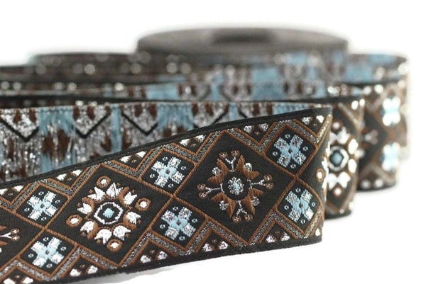 35 mm Blue/Brown Geometric Ribbon, (1.37 inches), Geometric trim,  jacquard trim, craft supplies, vintage trim, Brocade Ribbon, 35975