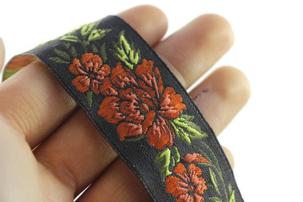 35 mm Orange / Black Floral Jacquard trim (1.37 inches, vintage Ribbon, Decorative Craft Ribbon, Floral Jacquard Ribbon, curtain trim, 35096