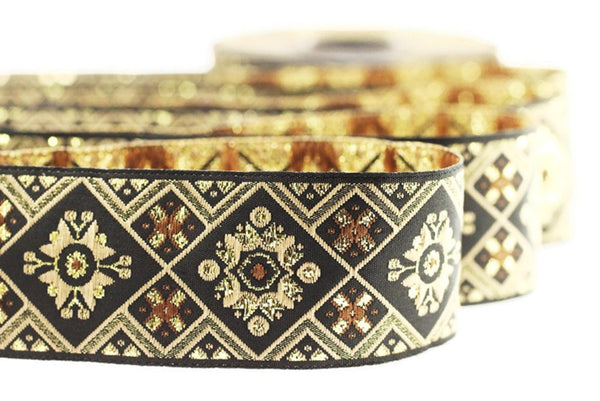 25 mm Golden Geometric Ribbon (0.98 inches), Geometric trim,  jacquard trim, craft supplies, vintage trim, jacquard ribbon, 25975