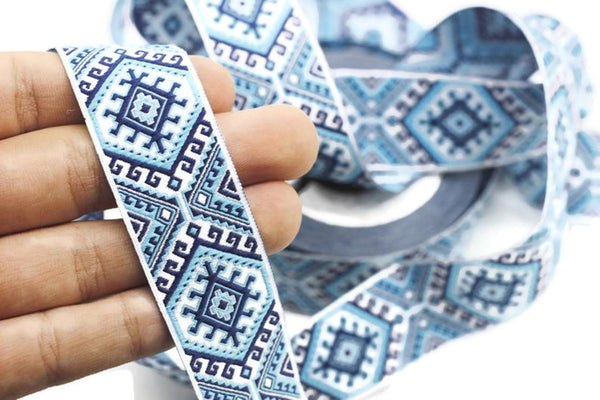 25mm Blue embroidered ribbon, Jacquard ribbon, 0.98inc, Decorative ribbon, Craft Ribbon, Jacquard trim, costume ribbon, sewing trim, 25708