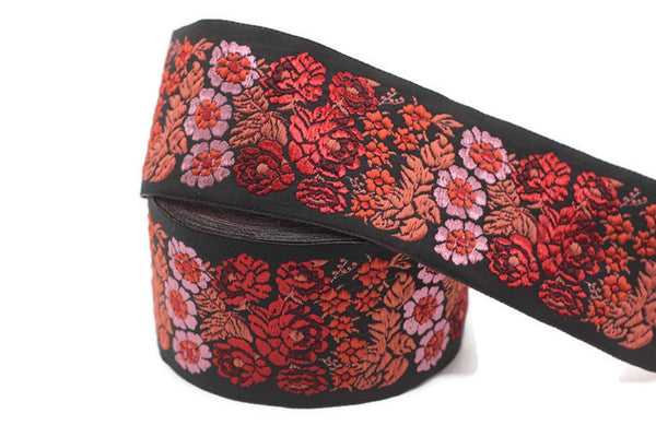 50 mm Red and Black Floral Embroidered Ribbon, Woven Trim 1.96 inch, Jacquard Ribbon, Woven Ribbon, Jacquard Border Trim,   50097