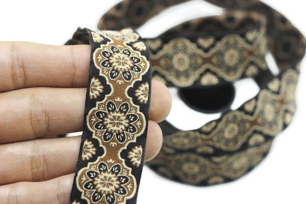 25 mm Brown Floral ribbon, Jacquard ribbon, 0.98 inches, Decorative ribbon, Craft Ribbon, Jacquard trim, costume ribbon, sewing trim, 25707