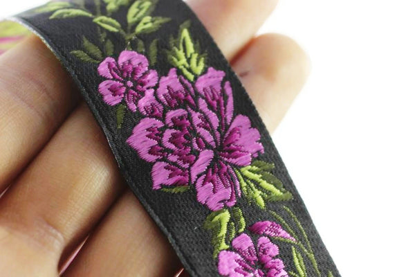 25 mm Pink / Black Floral Jacquard trim (0.98 inches, vintage Ribbon, Decorative Craft Ribbon, Floral Jacquard Ribbon, Trim, 25096