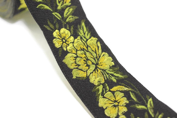 35 mm Yellow / Black Floral Jacquard trim (1.37 inches), vintage Ribbon, Decorative Craft Ribbon, Floral Jacquard Ribbon, towel trim, 35096