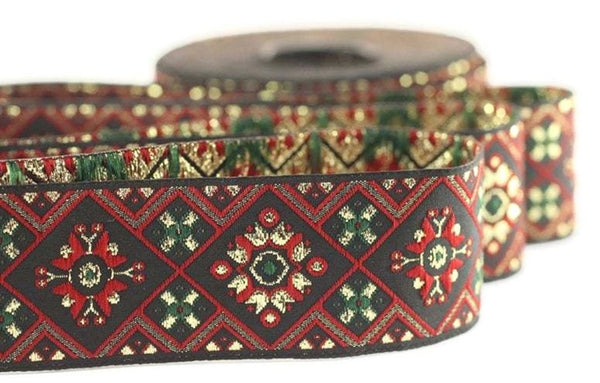 25 mm Red/Green Geometric Ribbon  (0.98 inches), Geometric trim,  jacquard trim, craft supplies, vintage trim, jacquard ribbon, 25975