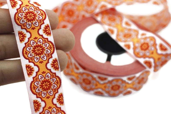 25 mm Orange Floral ribbon, Jacquard ribbon, 0.98 inches, Decorative ribbon, Craft Ribbon, Jacquard trim, costume ribbon, sewing trim, 25707