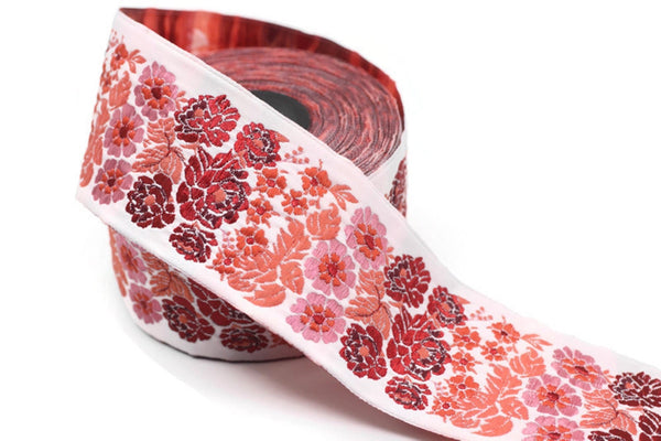 50 mm Red Floral Embroidered Ribbon Sewing Trim Craft Ribbon Jacquard Trim, Woven Trim Border 50097
