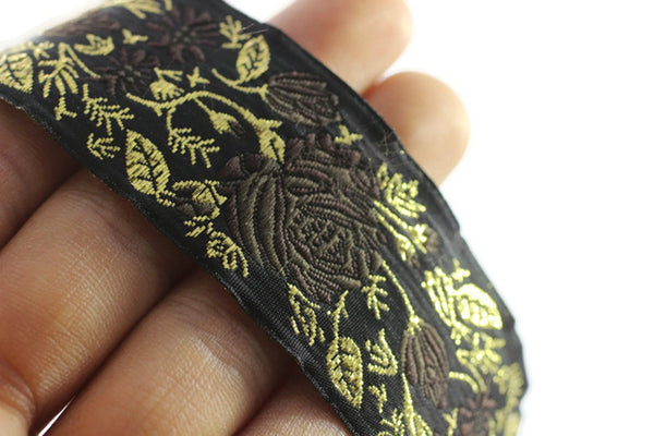 35 mm Brown / Black Floral Jacquard trim (1.37 inches), Rose emboried Ribbon, Decorative Craft Ribbon, Jacquard Ribbon Trim, 35089