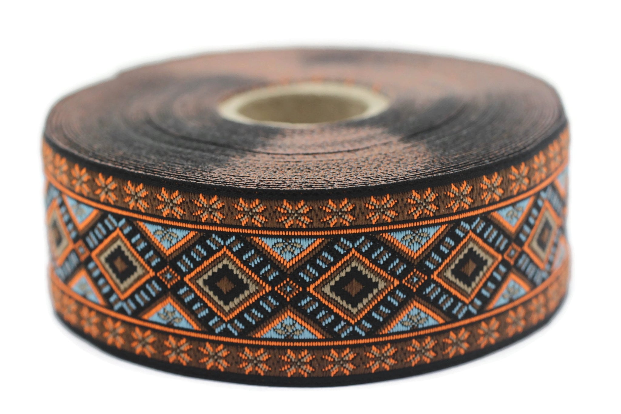 35 mm Blue&Orange Geometric Motif Ribbon (1.37 inches), Vintage Jacquard, Sewing Trim, Huge Trim, Large ribbon, making curtain, 35996
