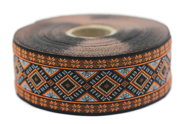 35 mm Blue&Orange Geometric Motif Ribbon (1.37 inches), Vintage Jacquard, Sewing Trim, Huge Trim, Large ribbon, making curtain, 35996