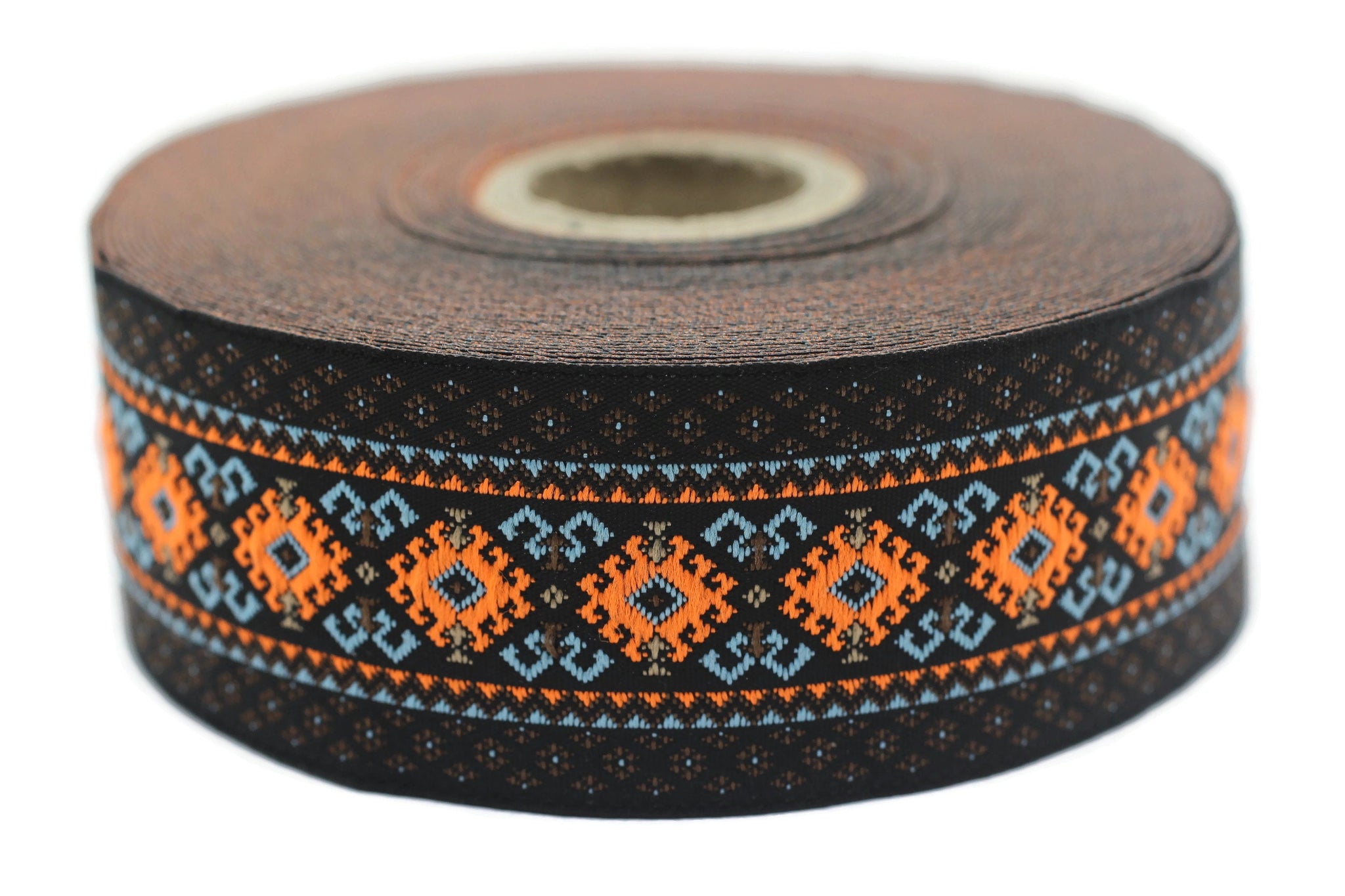 35 mm Blue&Orange Mosaic Motif Jacquard Ribbon (1.37 inches), Vintage Jacquard, Sewing Trim, Large ribbon, jacquard ribbon, 35997