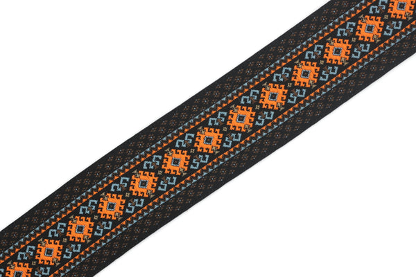 35 mm Blue&Orange Mosaic Motif Jacquard Ribbon (1.37 inches), Vintage Jacquard, Sewing Trim, Large ribbon, jacquard ribbon, 35997