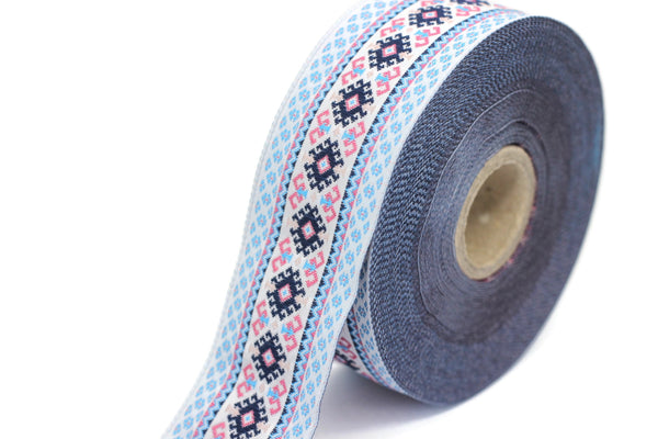 35 mm White/Blue Snowy Jacquard trim (1.37 inches), Huge Jacquard, Decorative Craft Ribbon, Large Ribbon, Jacquard ribbon, Trim, 35997