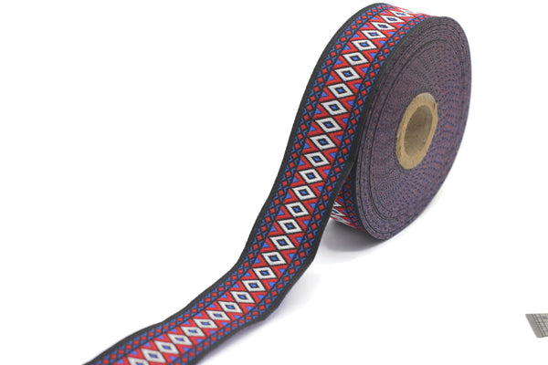 28 mm Blue&Red Diamond Jacquard ribbon (1.10 inches), Diamond ribbon, dog colar ribbons, Sewing, Jacquard ribbon, Trim, Ribbon, 28119