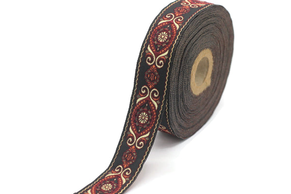 25 mm Red&Black Jacquard trims (0.98 inches), jacquard ribbons, Decorative Craft Ribbon, Sewing trim, woven trim, Vintage ribbon, 25950